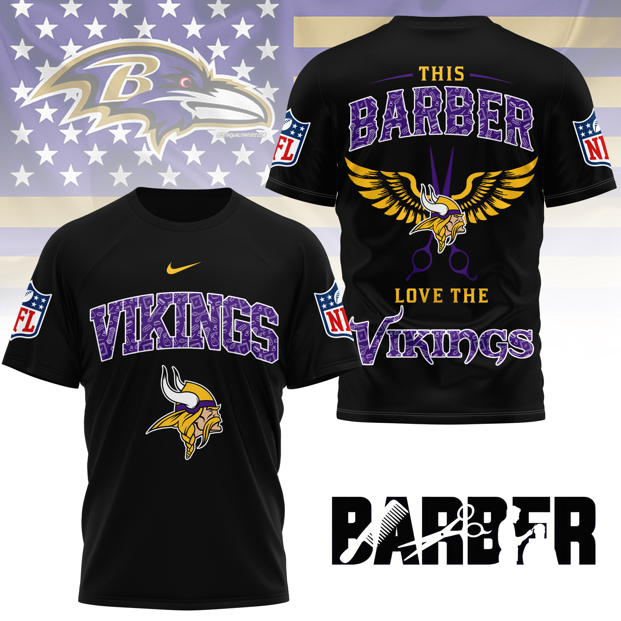 Minnesota Vikings | Premium NFL Barber Fan 3D Shirt NY - Image 2