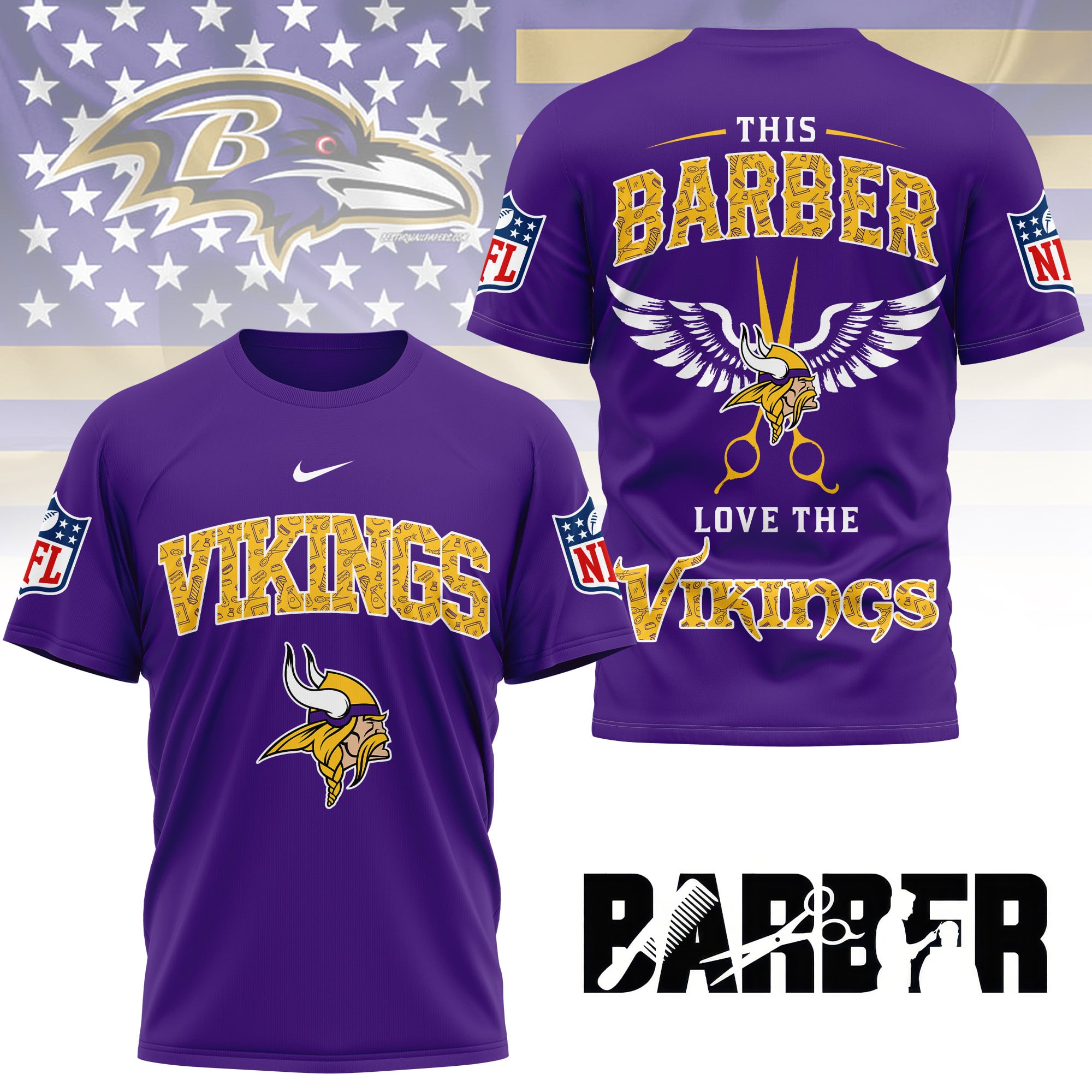 Minnesota Vikings | Premium NFL Barber Fan 3D Shirt NY - Image 3