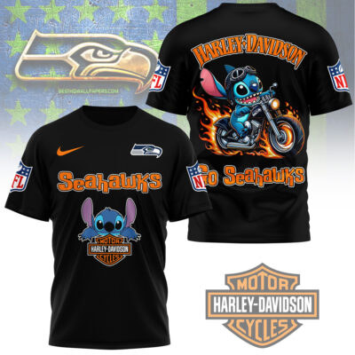 Alternative view of Seattle Seahawks | Premium NFL Stitch Harley Davidson 3D Shirt